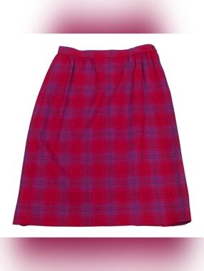 Vintage Pendleton Wool 70s Red Purple Plaid Virgin Wool Midi Skirt - Sz 10